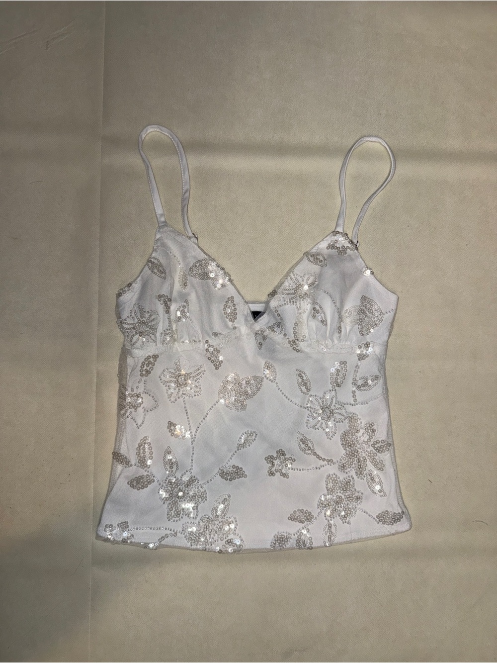 White Sequin Floral Camisole with Adjustable Straps